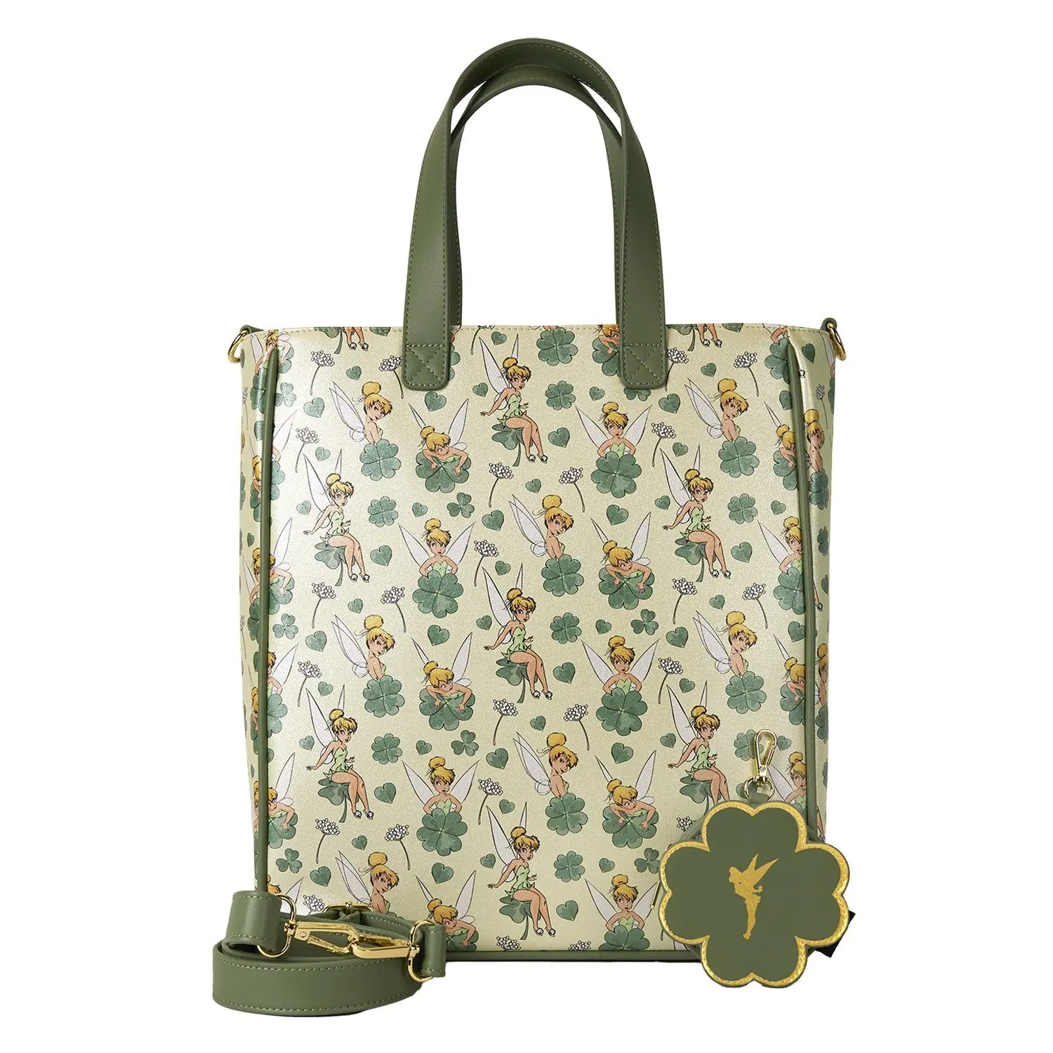 Loungefly Disney Tinker Bell Clover Print Faux Leather Tote Bag with Glitter Details and Coin Purse - Fashionable Unique Bags for Women, Casual Wear, Graphic, Glitter Accents, All Over Print