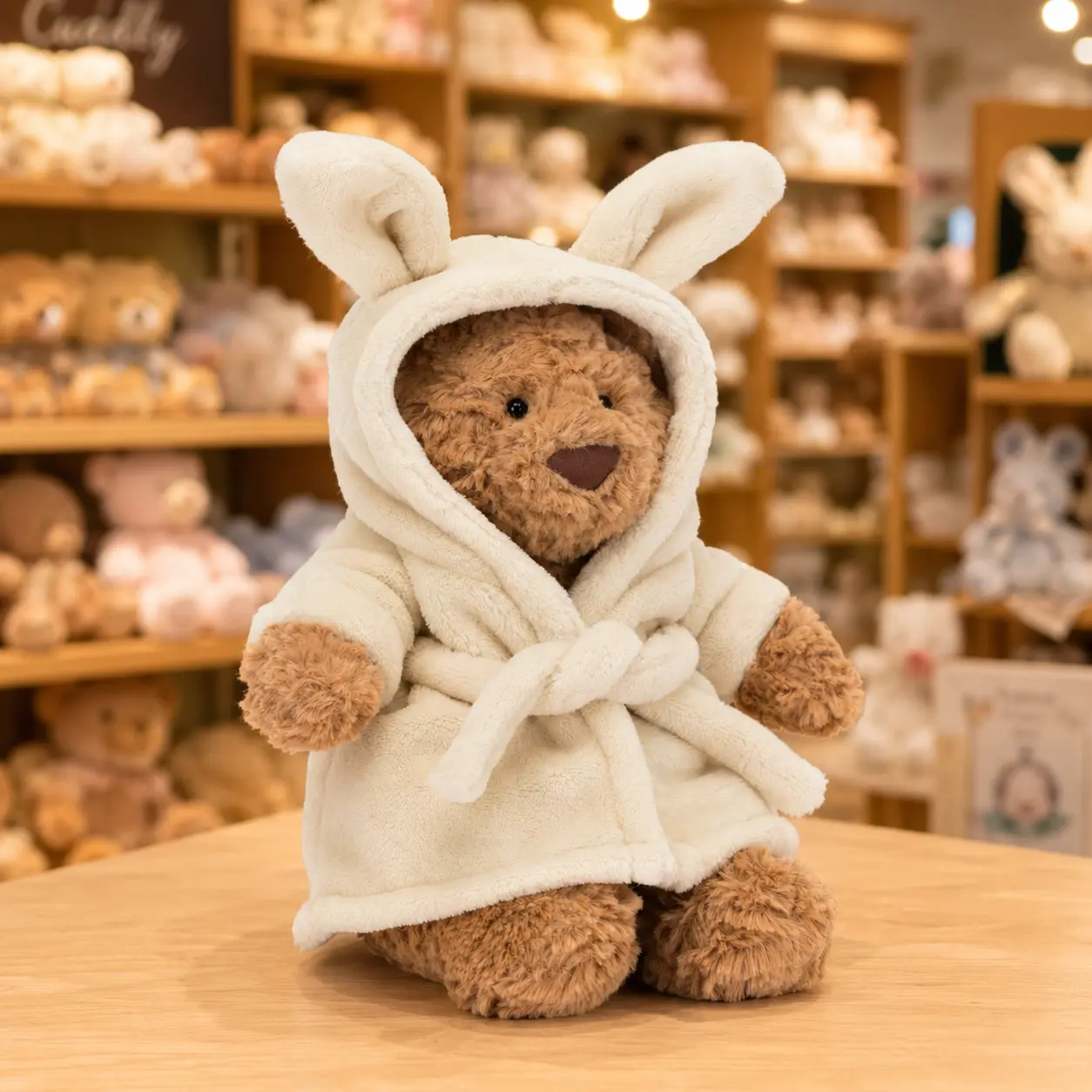 Adorable Brown Bear Plush Wearing a White Bunny Bathrobe, Soft Cuddly Toy for Easter and Birthday Gifts