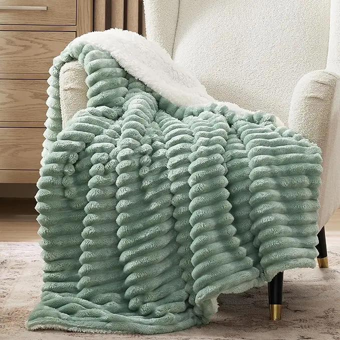 【Summer Sale Deals】Bedsure Striped Sherpa Blanket Super Soft Cozy Plush Fleece Flannel Solid  Modern Lightweight Comforter