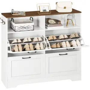 MAHANCRIS Farmhouse Shoe Cabinet with 4 Flip Drawers, Entryway Shoe Cabinet, Hidden Shoe Organizer, Narrow Shoe Cabinet with Compartments and Hooks, for Entryway, Hallway, White and Walnut