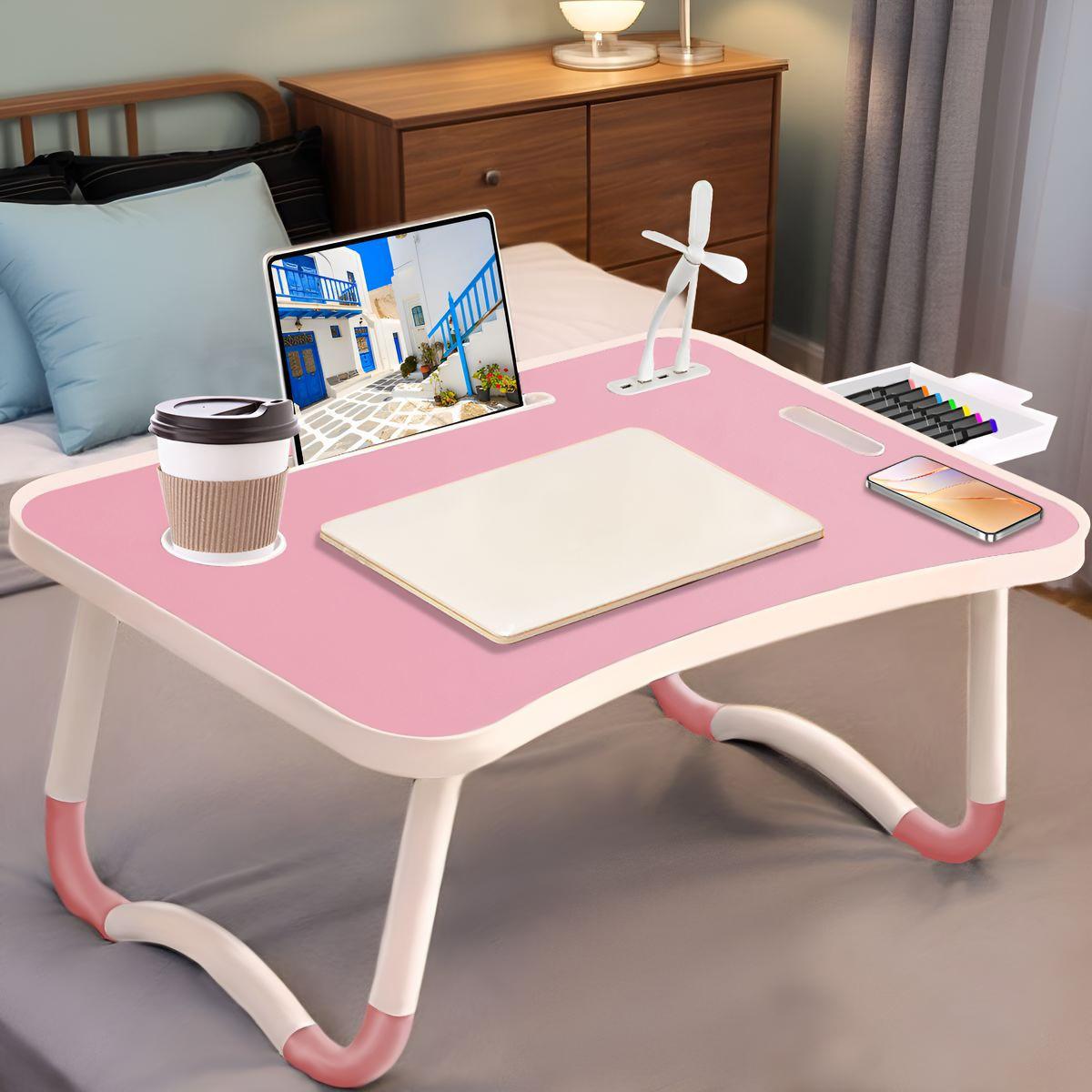 Oversized Portable Laptop Bed Table Foldable Durable Wooden Computer Tray with Cup Holder Drawer USB Fan Light Ideal for Reading Writing on Bed Sofa Floor Sleek Black Design Tiltable Tabletop Sturdy Modern Portable Table