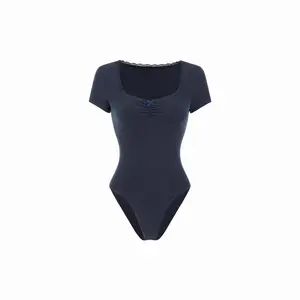 Cider Cotton-blend Scoop Neck Lace Panel Ruched Bodysuit