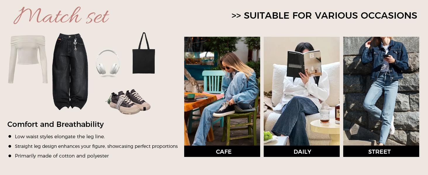EMMIOL【Back to School】Women Hip Hop Baggy Jeans Wide Leg Mid-Low Waist Barrel Jeans Loose Boyfriends Jeans 90s Vintage Denim Pants casual comfy Black Womenswear Summer Vibes