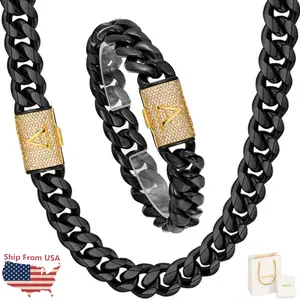 Cuban Link Chain Black Necklace with Initial Letter with Bling Bling Ice-Out CZ for Men Boys 14mm 18K Gold Stainless Steel Hip Hop Miami Curb Chains Necklace With Gift Bag