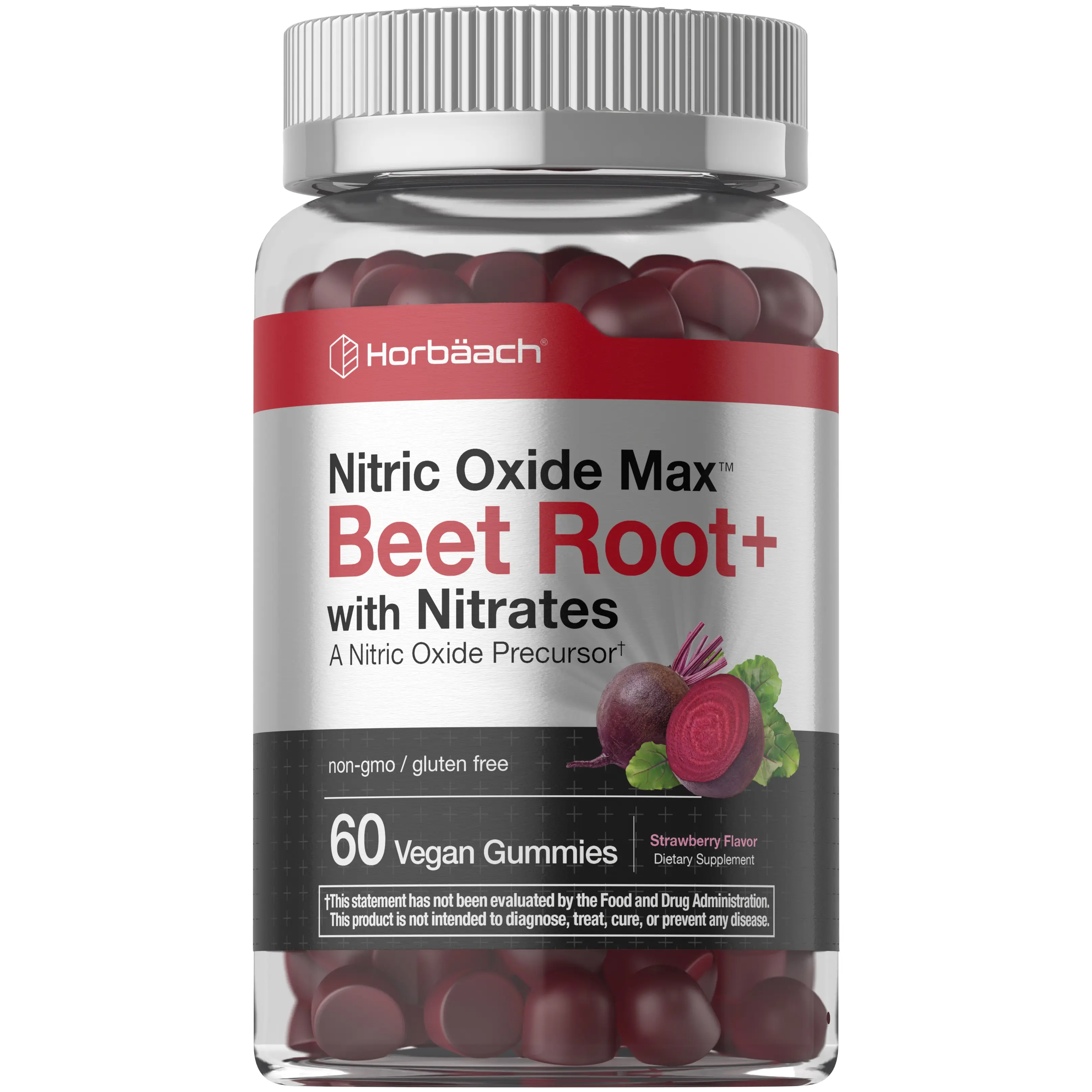 Horbäach Nitric Oxide Beet Root Gummies - 60 Count - with Nitrates - Strawberry Flavor - Vegan, Non-GMO, Gluten Free Supplement