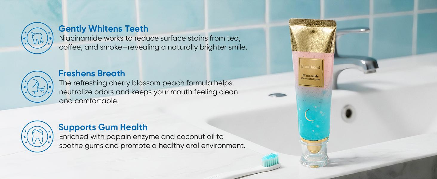 BodyAccel Niacinamide Whitening Toothpaste - Fast Acting Formula with Peach Extract & Mint for Sensitive Teeth - Eco Friendly & Fluoride Free - 100g