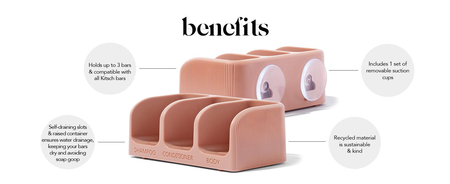 Kitsch Self-Draining Soap Dish – Recycled Plastic Holder for Shampoo, Conditioner, and Body Wash Bars, Holds 3 Bars with Removable Suction Cups Kitsch Self-Draining Soap Dish – Recycled Plastic Holder for Shampoo, Conditioner, and Body Wash Bars, Holds 3 Bars with Removable Suction Cups
