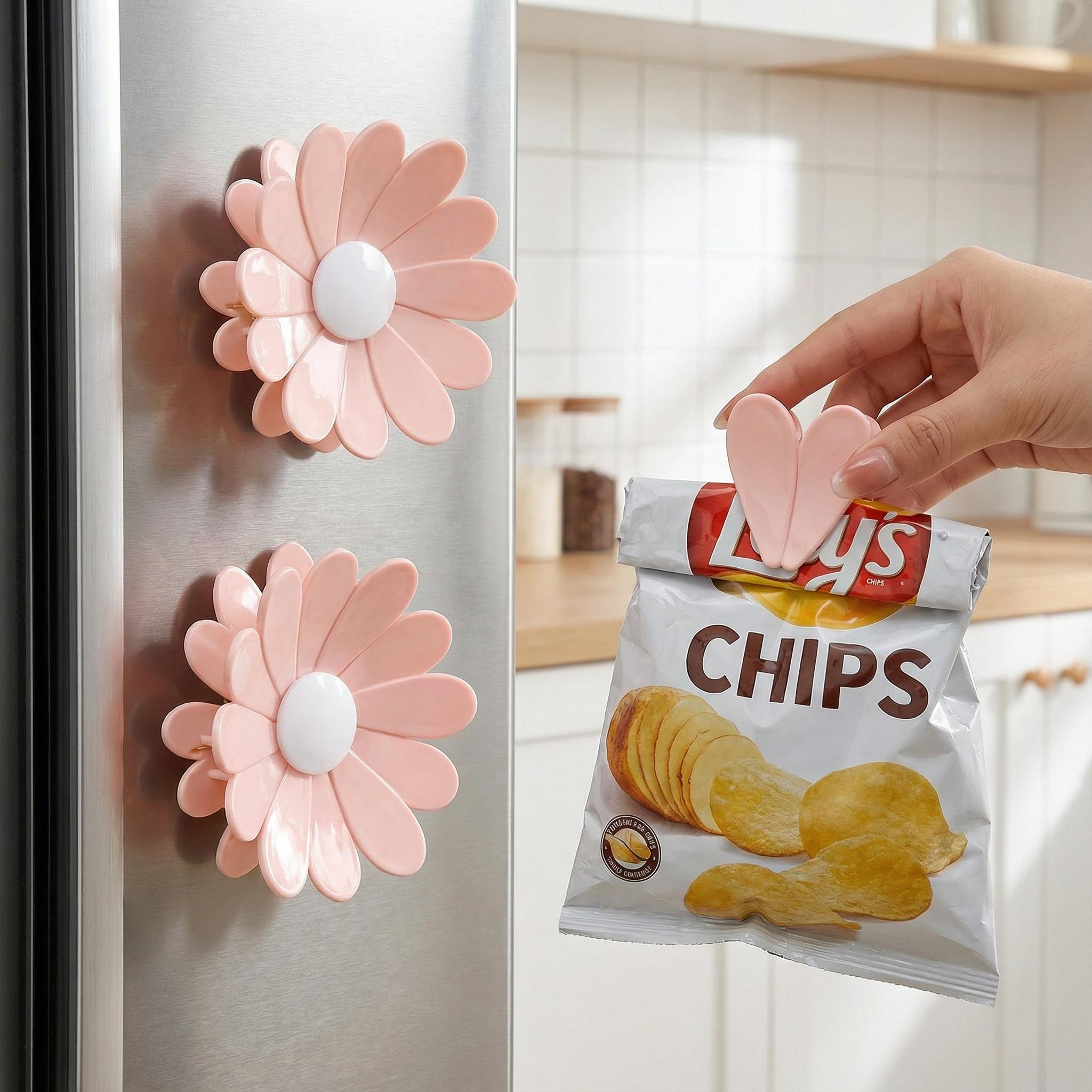 1 Count Magnetic Chip Clips for Refrigerator, 2-in-1 Food Bag Clips & Fridge Magnets,Daisy Shaped Decorative Refrigerator Magnets Clip for Kitchen Food Storage and Fridge Decor