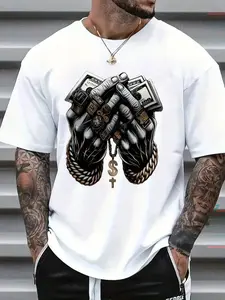 Gangster Hands & Money Faith T-Shirt 100% Cotton Religious Dollar Sign Graphic Tee Unisex Streetwear Top for Hip-Hop & Christian Style Menswear - Man