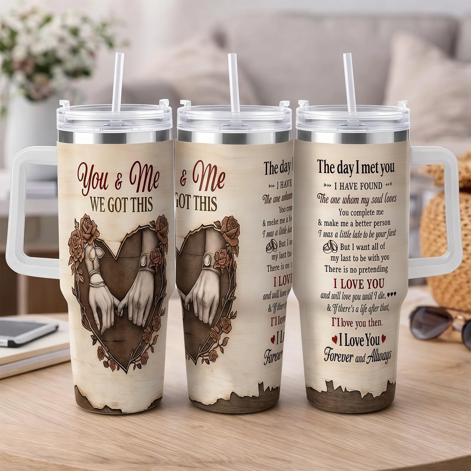 You And Me Love Quote Car Cup (40oz/20oz) Romantic Holding Hands Rose Heart Design Stainless Steel Insulated Tumbler Durable Leakproof Gift For Anniversary Wedding Valentine Home Office Travel