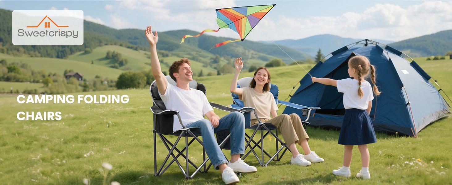 Folding Camping Chairs, Outdoor Collapsible Padded Chairs with Cup Holder Cooler Bag, Heavy Duty Portable Camping Chair for Garden Beach Fishing Sports