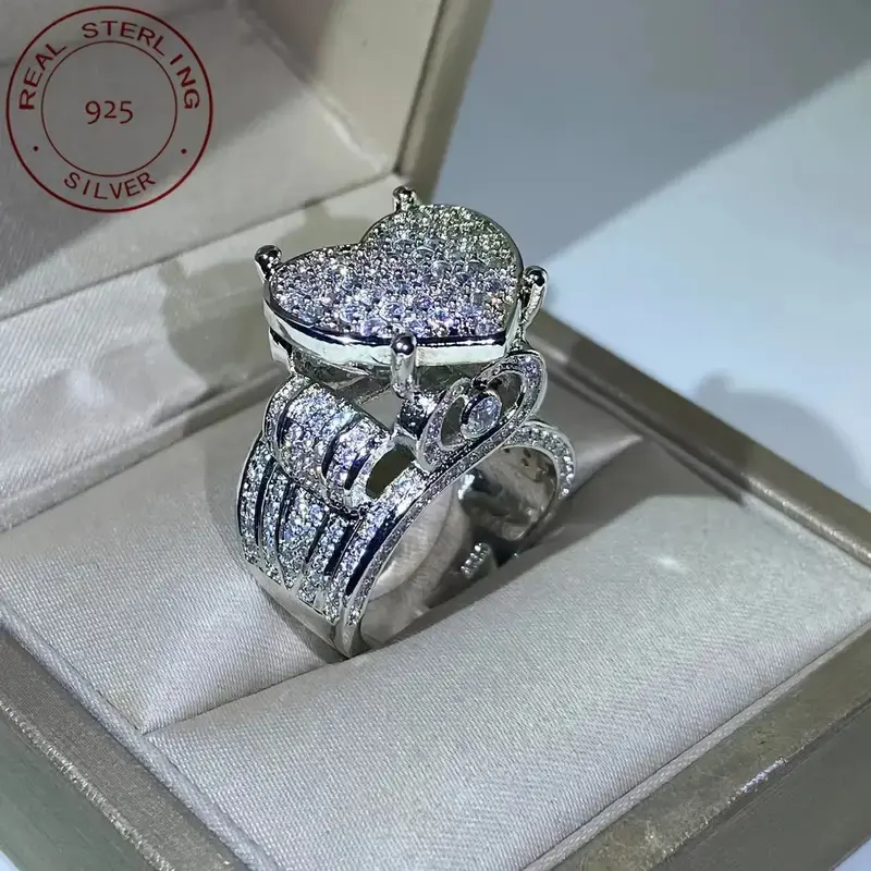 Women's 925 Sterling Silver Elegant Engagement Ring, Heart Design Zirconia-Embellished Bridal Ring, Bridal Rings