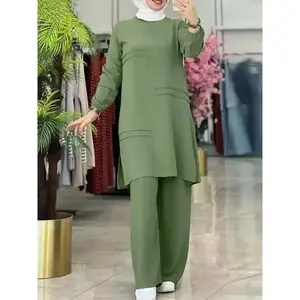 Two Piece Sets Shirt Dress &Pants Women Muslim Suits Shirt Blouse Moroccan  Islamic Dress Sets