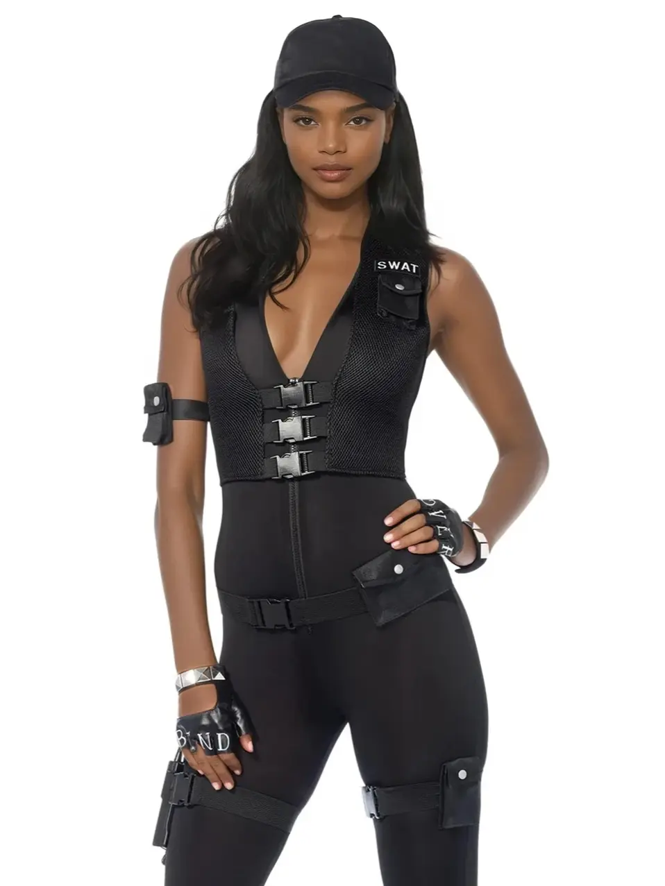 Women's SWAT Commander Costume Set, 7-Piece Sexy Spandex Jumpsuit with Attached Vest, Corset Back, and Matching Accessories for Halloween Roleplay, Strap, Pocket, Fit, Bodysuit, Costume Ideas, Swat Costume