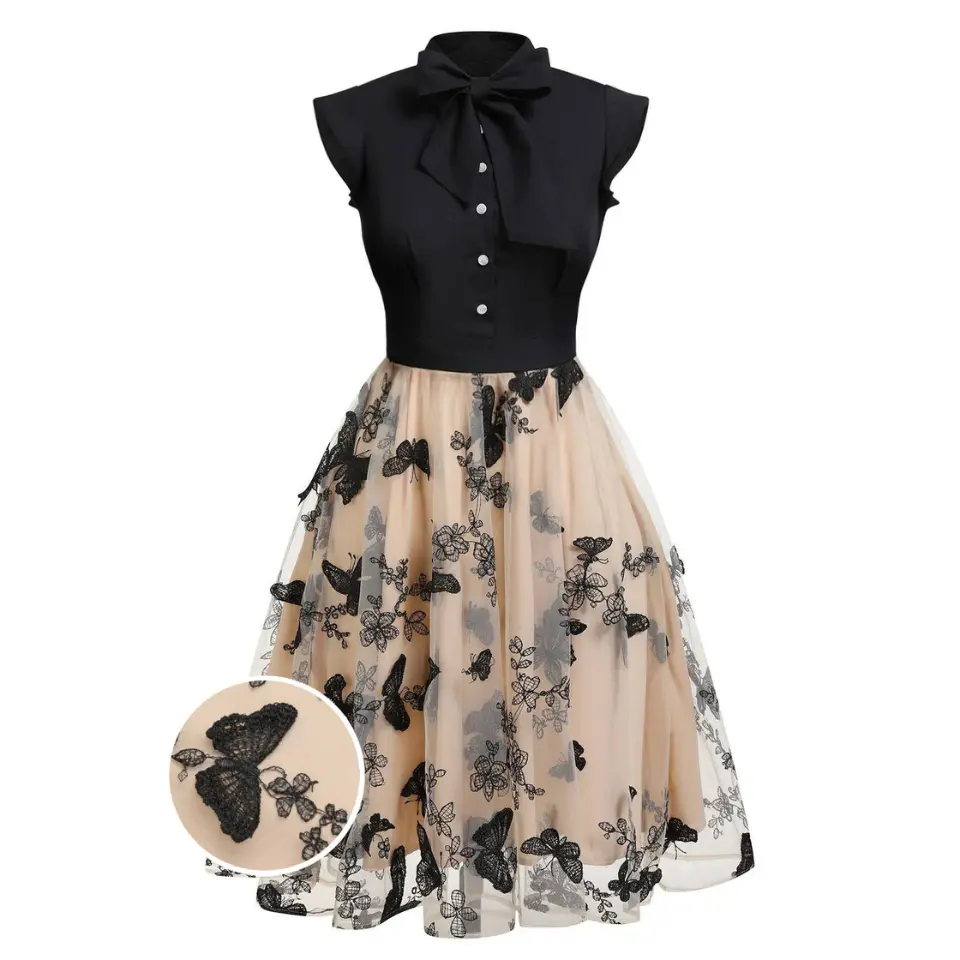 Women's 1950s Vintage Casual Sleeveless Floral Patchwork Print Sundress - Mesh Butterfly Accent, Front Buttons, No Drawers Sundress for Casual Wearsummer outfits Wedding Guest Dress Fall Wedding BackToSchool Sohochic Fall Dresses Fall outfits Fall fashion