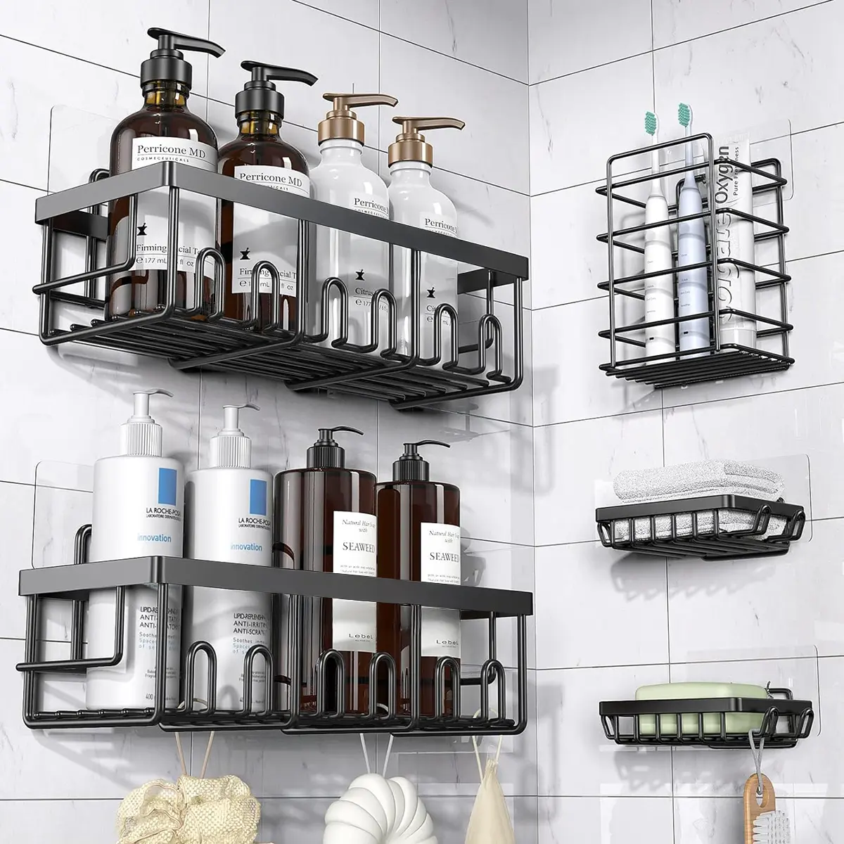 Jabukosu Shower Caddy Organizer, 5-Pack Adhesive Rustproof Stainless Steel Shower Shelves with Soap Holder, No Drilling Shower Storage Rack for Family Renters Bathroom, Black