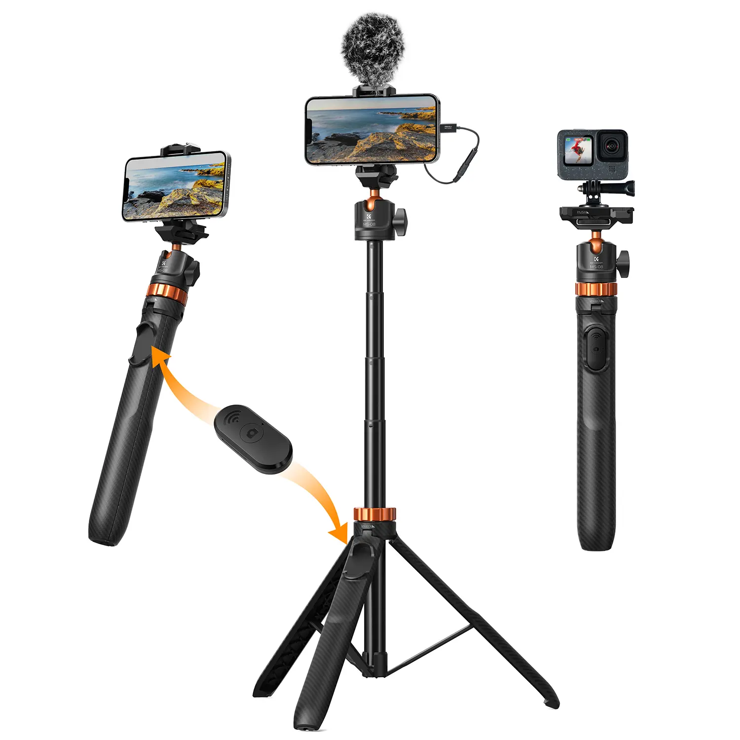 【DealsForYouDays】K&F CONCEPT Selfie Stick Tripod – 2-in-1 Phone/Camera Stand with Built-in Remote| For iPhone/Android, Works with Selfie Accessories & GoPro/DJI/Insta360| Ideal for Travel/Live Streaming/Vlogging/Daily Use