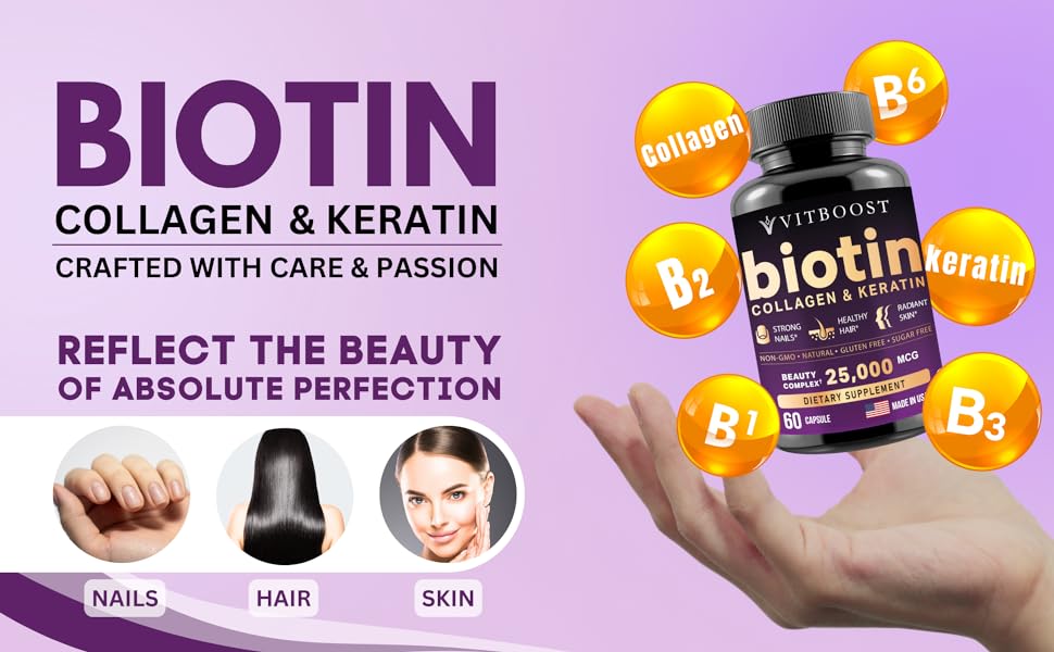 VITBOOST Biotin with Collagen, Keratin – Hair Growth (Men Women) – Nails, Skin, 60Count Healthcare Supplement Collagen Vitamin Fitness Dietary Edible VITBOOST Biotin with Collagen, Keratin – Hair Growth (Men Women) – Nails, Skin, 60Count Healthcare Supplement Collagen Vitamin Fitness Dietary Edible