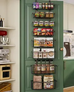 Over The Door Organizer 8-Tier Adjustable Baskets Metal Pantry Storage for Kitchen Back of Door Seasoning Rack Black