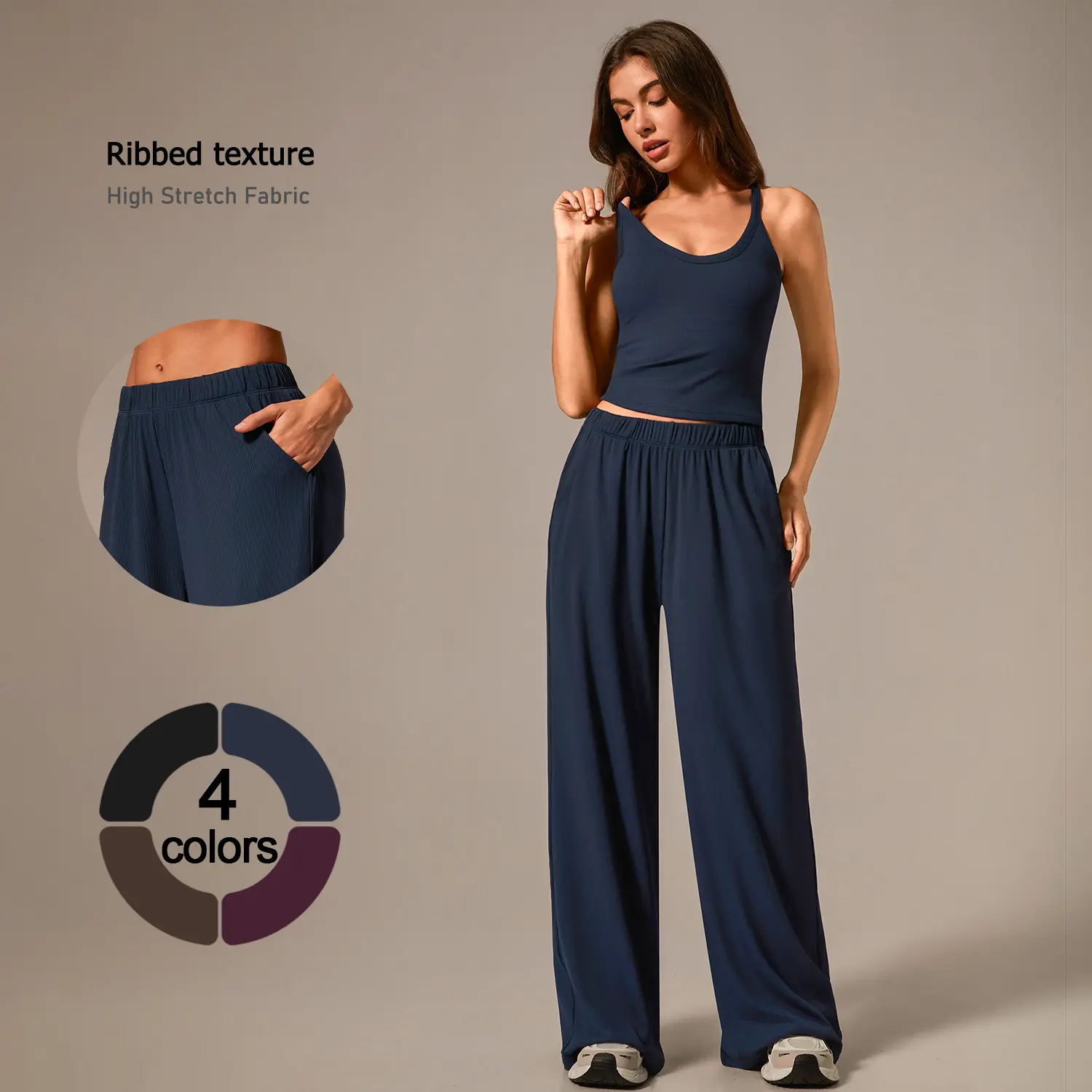 TimeOFF Women's Ribbed Two-Piece Set – Sleeveless Tank Top & Wide-Leg Pants with High Stretch Fabric, Pocket Design & Flexible Fit for Comfortable Movement & Secure Storage, Ideal for Casual Outings, Yoga & Daily Wear