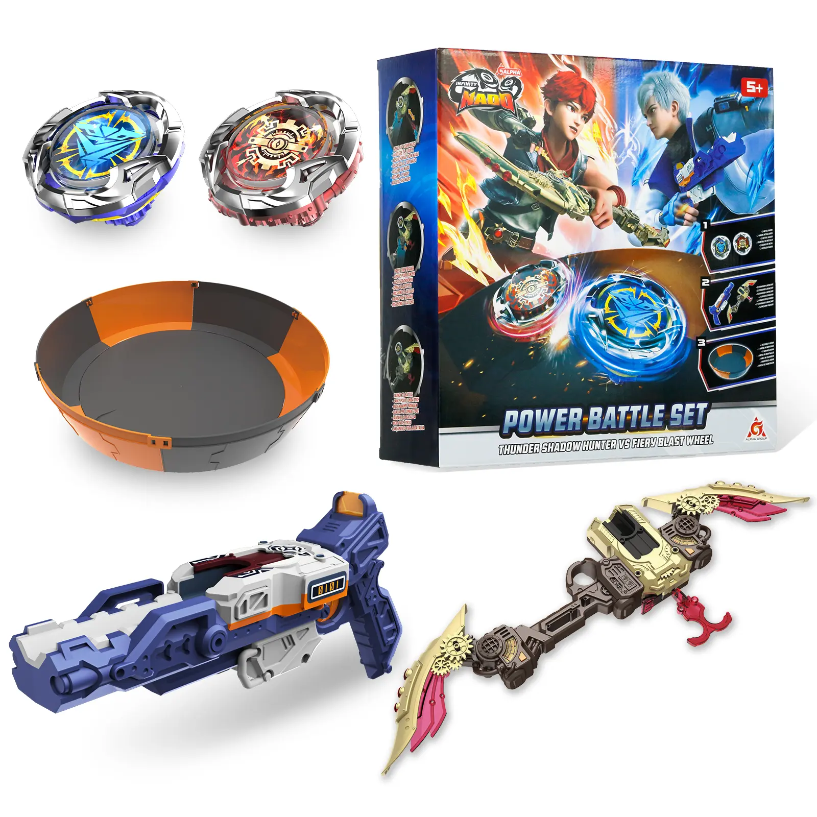 ALPHA GROUP INFINITY NADO S7 Battle Set with Modular Stadium Arena, Gun/Bow-Shaped Launcher Infinite Acceleration, Metal Defense/Endurance Type Battle Top Toy, Right/Left-Spinning Top Game Toys for Boys Girls 5+