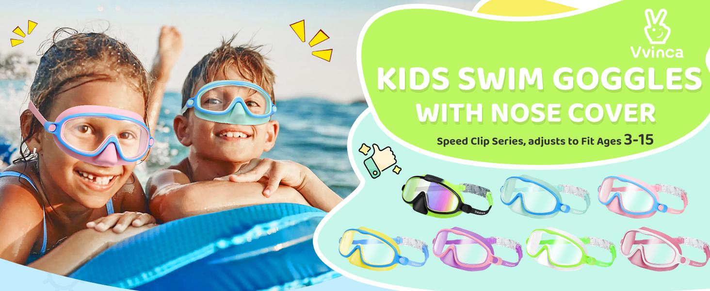 [Spring Shine]Vvinca Kids pool accessories-2 Pcs-Swim-Goggles with Nose Cover,   Wide View Anti Fog UV Anti Shattered Lens for Kids 3-6/6-15（Please refer to the dimension drawing in Figure 2）