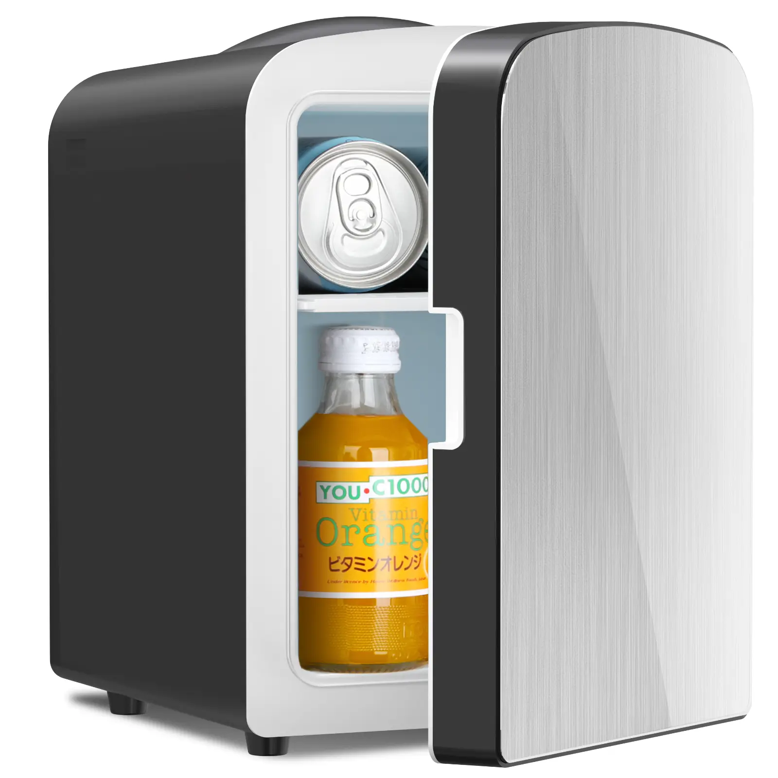Electactic 4L Compact Mini Fridge with Magnetic Brushed Stainless Steel Door, Fast-Cooling Car Power Compatible Refrigerator, Holds 6 Cans for Skin Care & Cosmetics, Black, for Bedroom, Office, Camping & Small Spaces