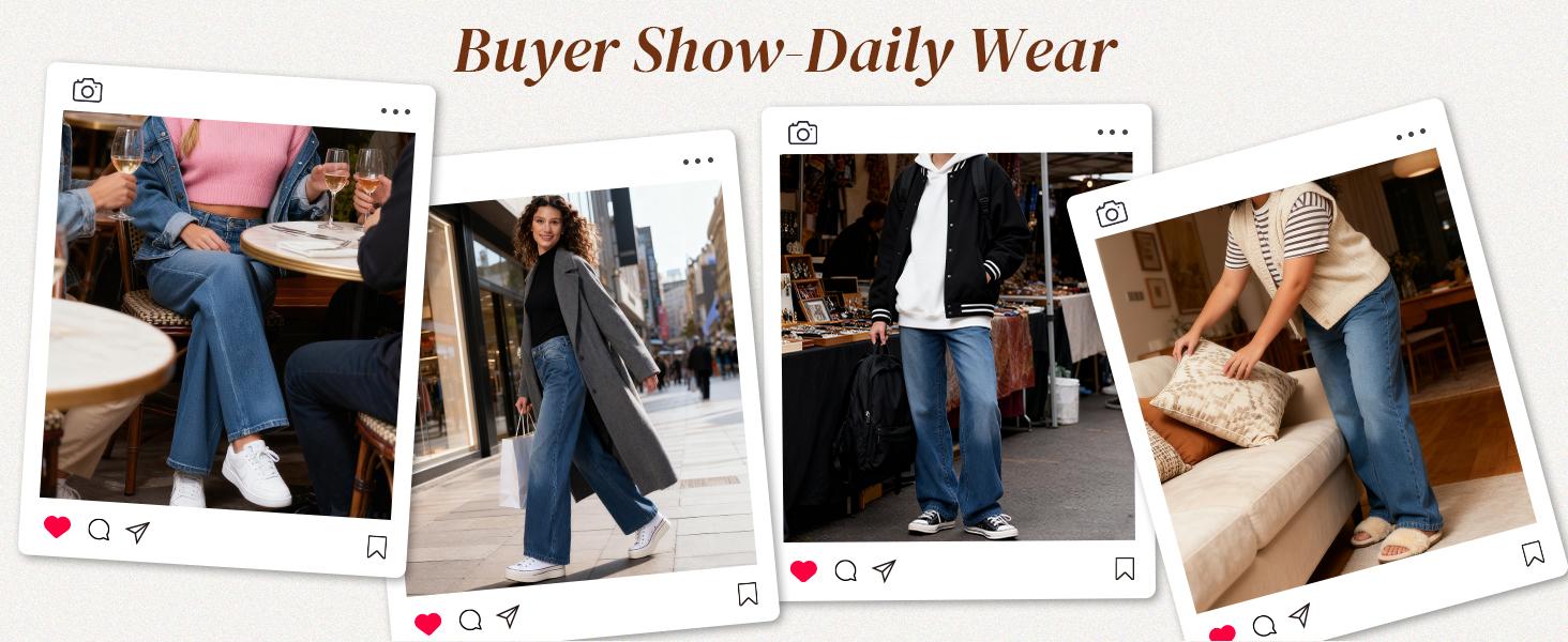 EMMIOL Women's Blue Wash Boyfriend Wide Leg Jeans - Y2K Vintage Style - Denim Baggy Jeans | Baggy fit Pants