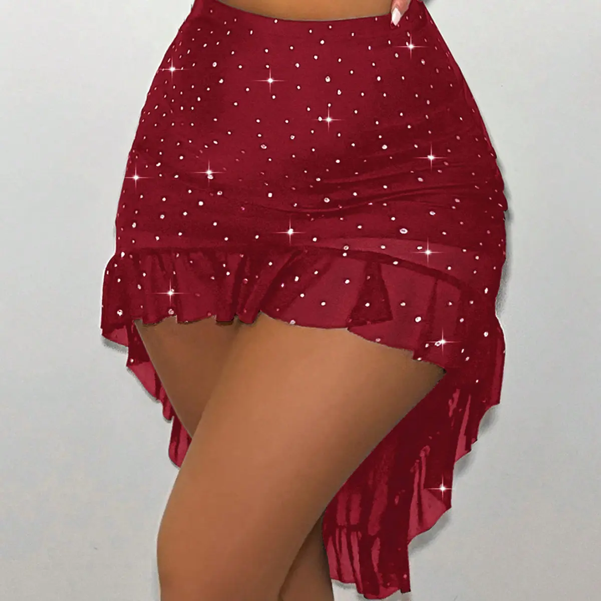 Women's High-Waisted Fitted Polyester Skater Skirt, 1pc Sexy Chic Party Wear - Contrast Sequin Detail, Solid Color Knit Fabric, Asymmetrical Hem, Short Length for Spring/Summer
