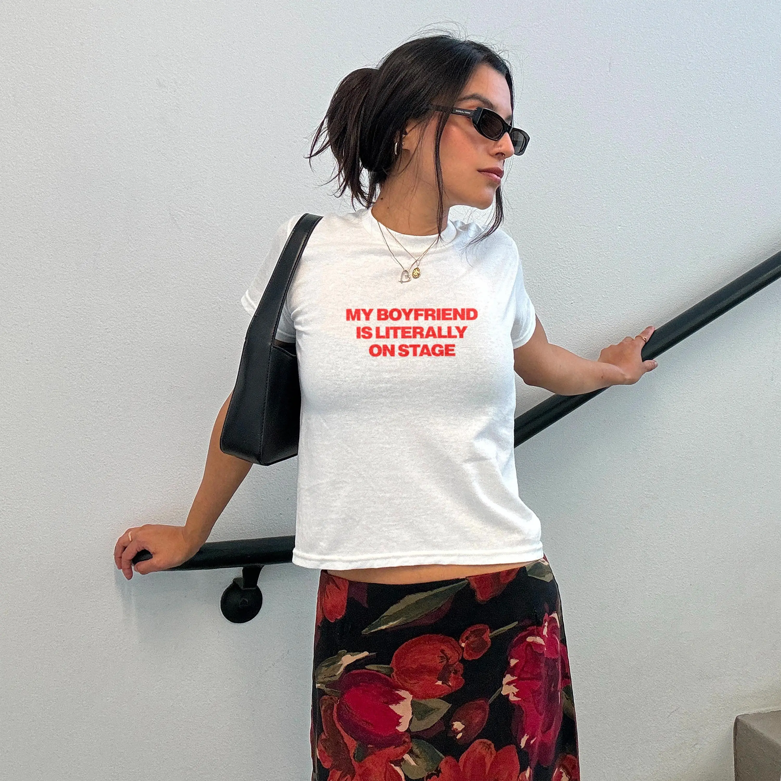My Boyfriend Is Literally On Stage Y2k Baby Tee Rockstar Girlfriend T-shirt Funky Fashion Statement Shirt Indie Sleaze Baby Tee Concert Tee