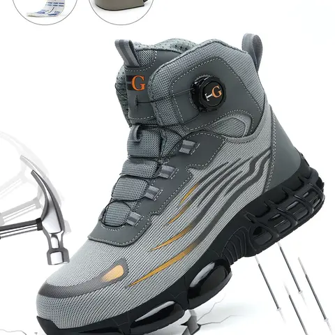 MELLOWMILES Men's Black Mid-Cut Steel Toe Work Footwear - Lace-Free Rotary Buckle, Puncture-Proof, Smash-Proof, Non-Slip, Cushioned TPU Round Toe Safety Shoes, Lightweight Shock-Absorbing Fabric, Fashion Construction Warehouse Use, Fathersdaygift for Men,