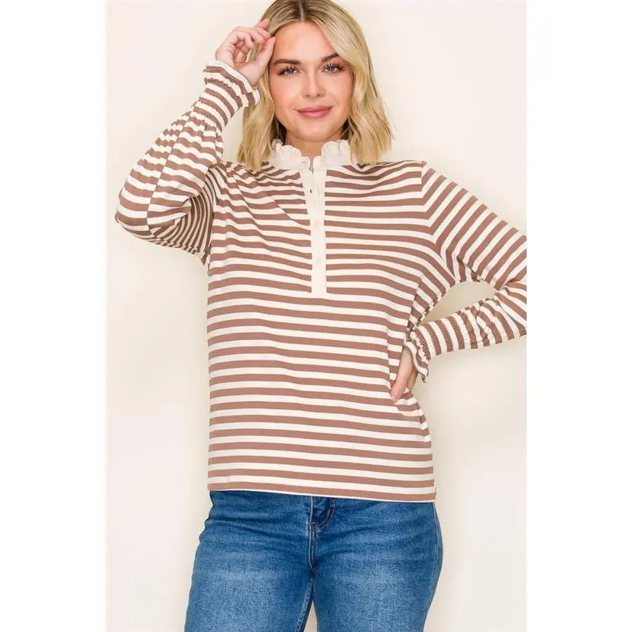 Women's Cute Camel Blouse with Ruffle Mock Neck and Long Ruffle Sleeves, Solid Polyester Spandex Blend