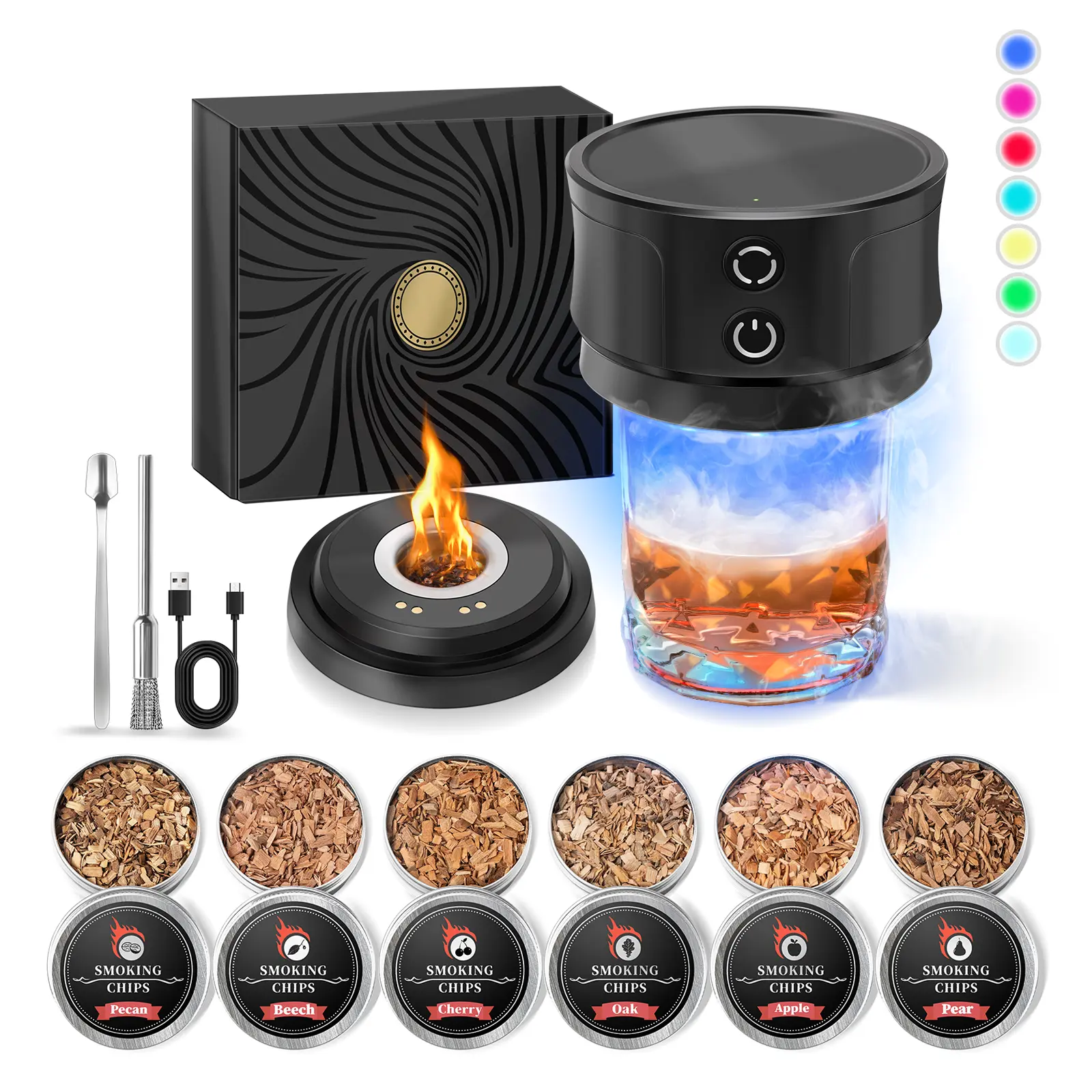 Rechargeable USB Flameless Electric Whiskey Smoker Kit with Built-in Lighter (No Butane Needed), 6 Wood Chips, LED Lights, Whiskey Infusion Function, Home Supply Festive Gift for Men (Father’s Day, Birthday) for Alcoholic Beverages & BBQ Use, Valentine's