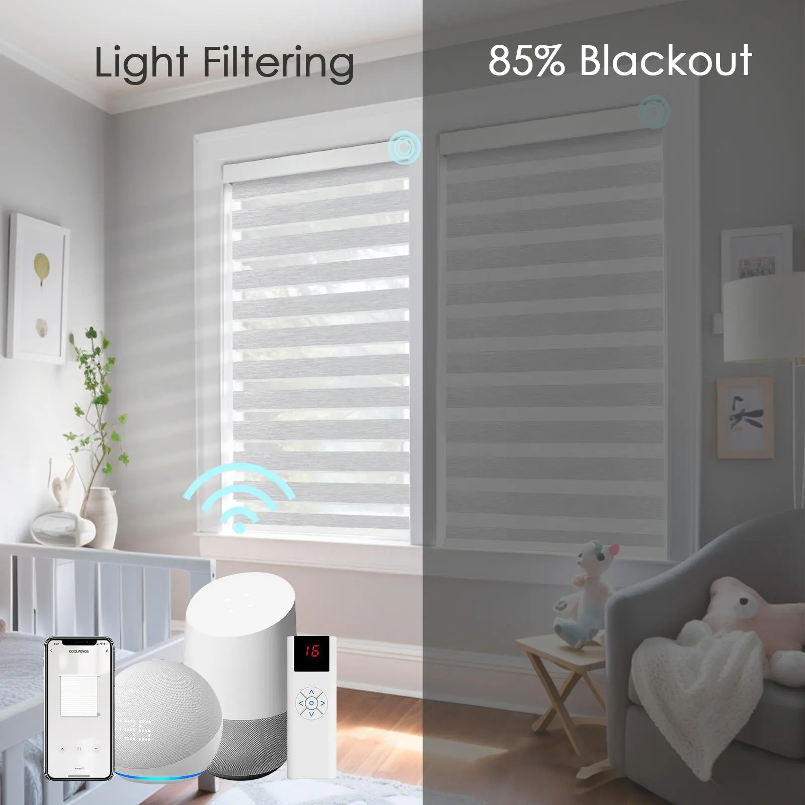 Motorized Zebra Blinds - 20"-57" Width, 85% Blackout Cordless Auto Voice Control Curtains, Remote-Controlled Dual Layer Day-Night Roller Shutters, White/Grey/Beige for Bedroom, Kitchen, Smart Home Improvement