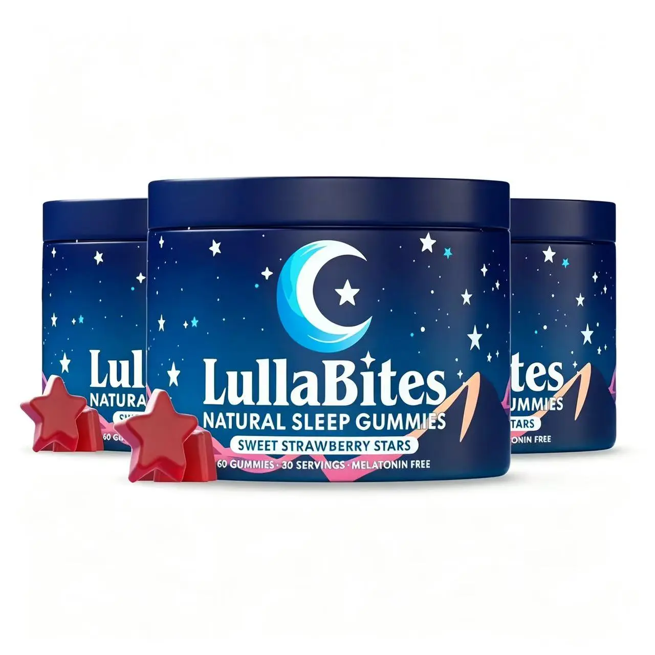 3X LullaBites Natural Sleep Gummies - Melatonin-Free, Sweet Strawberry Stars Flavor, 30 Servings Sleep Support Supplement