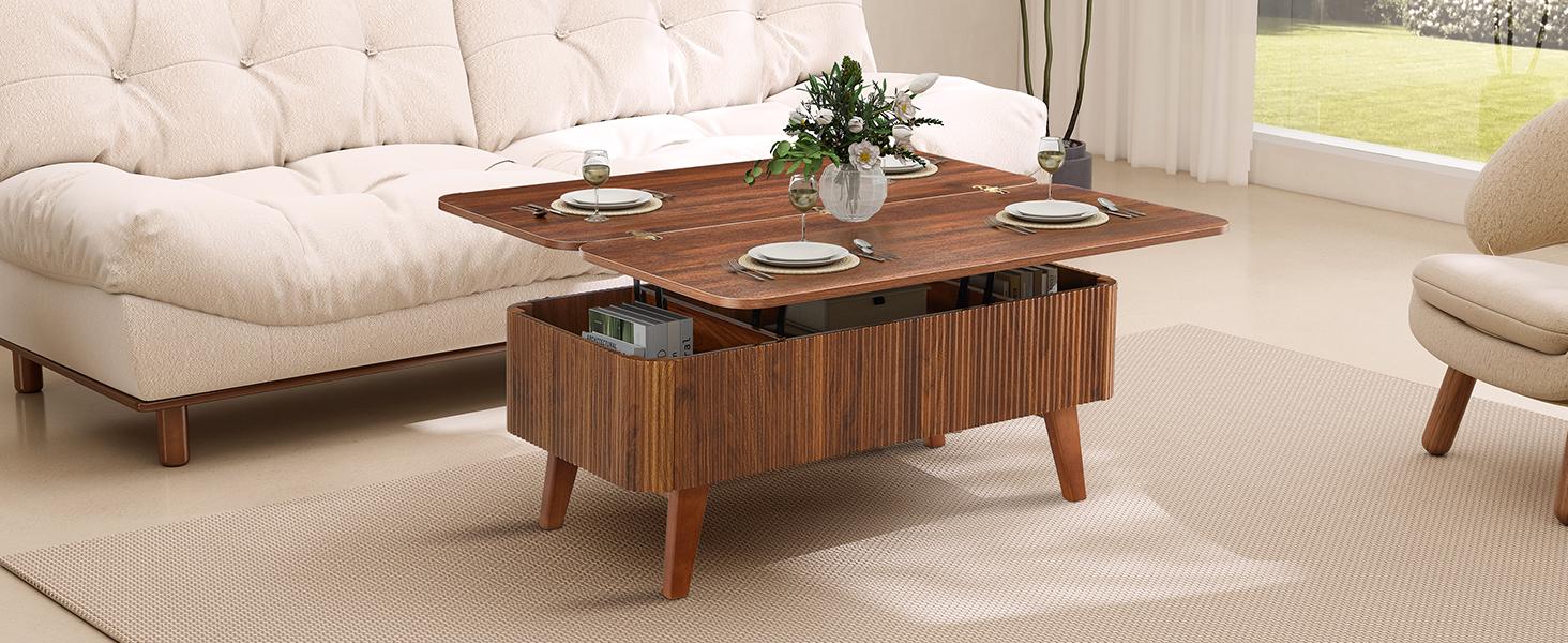 Giratree Fully Assembled Wooden Center Table, Fluted Lift Top Coffee Table with Hidden Compartment, Modern Oval Lift Tabletop for Home Living Room Office