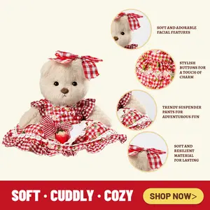 TEDDY HUGGY Adorable Teddy Bear Collection - Strawberry Plaid Skirt Outfit Paired with a Cute Teddy Bear - 12 Inches Tall - Soft Plush Toy with Movable Joints - The Perfect Gift for Any Age.
