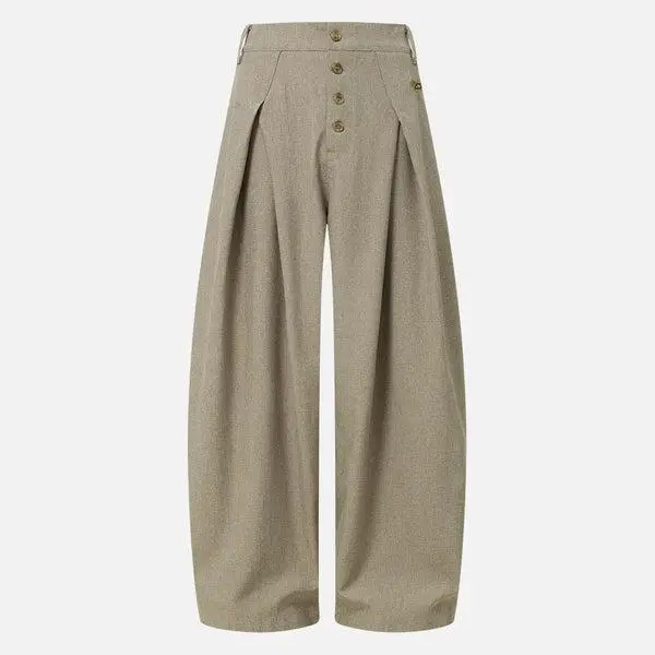 Aelfric Eden Button Fly Pleated Balloon Pants Vintage Metal Button Fly 3D Pleated Tailoring Voluminous Balloon Silhouette Textured Fabric Unisex Utility Vintage Pants,clothes for back to school,first day of school outfits