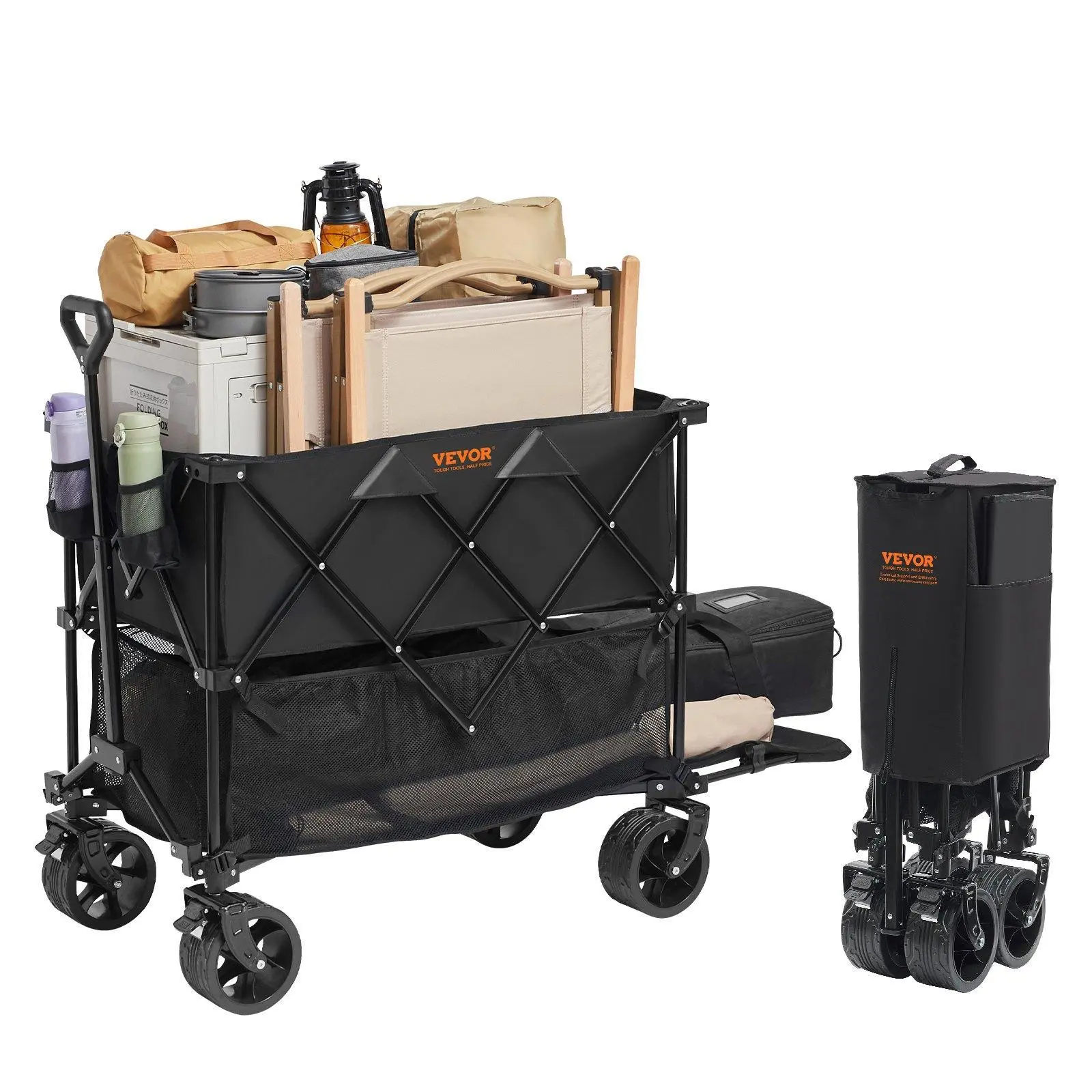【Backtoschool】VEVOR Foldable Double Decker Wagon,  Collapsible Wagon Cart with All-Terrain Wheels, Heavy Duty Folding Wagon Cart  for Camping, Shopping, Garden, 52" Extra Long Extender