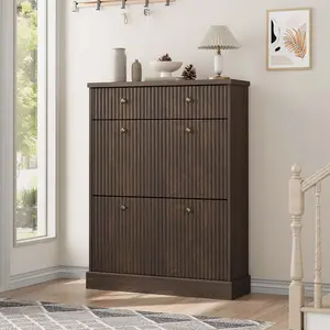 Shoe Cabinet with 2 Flip Drawer,Hidden Wooden Fluted Shoe Cabinet with Adjustable Shelf,Freestanding Shoe Storage Cabinet for Entryway Hallway,Walnut