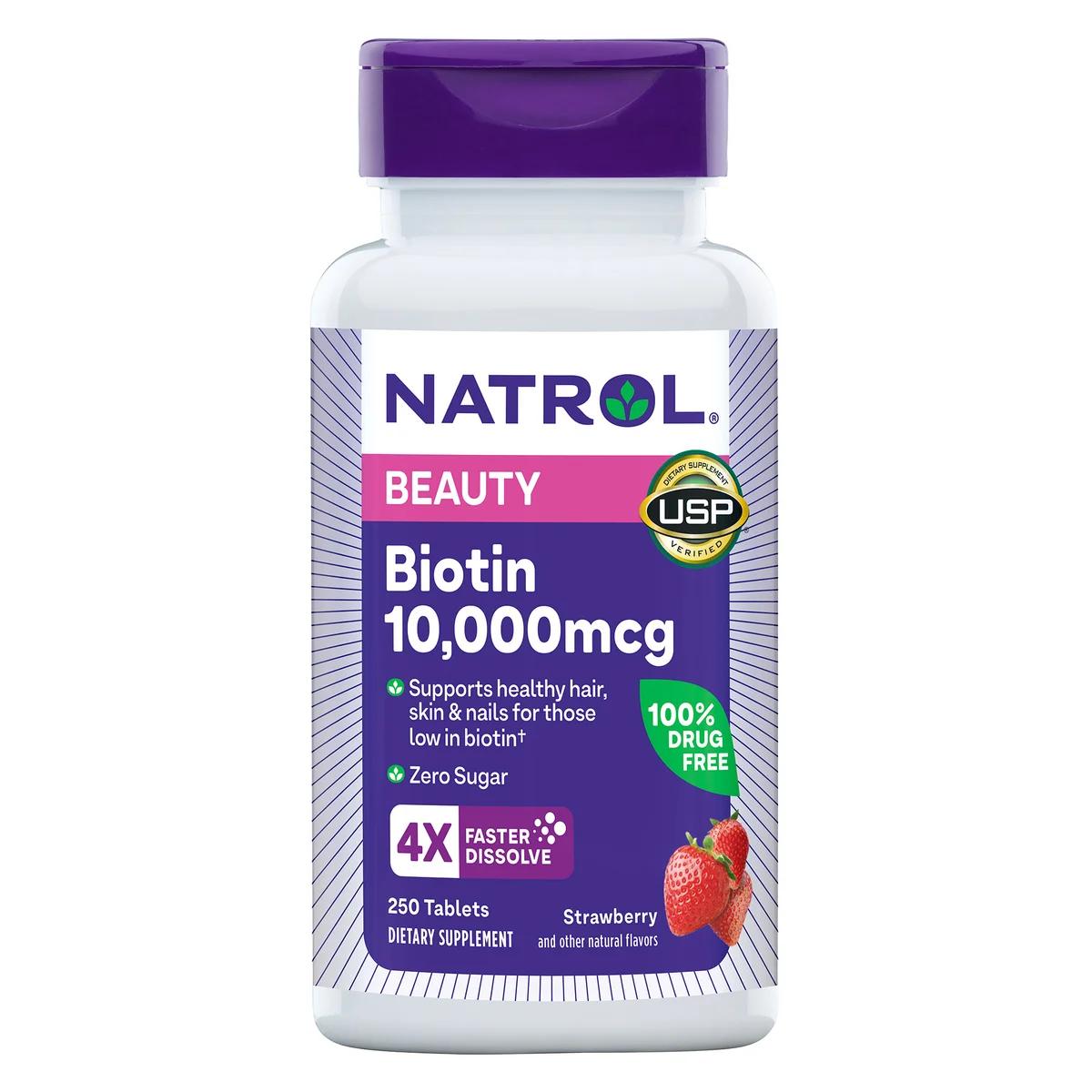 Natrol Biotin 10,000 mcg., 250 of 4X times Faster Dissolve Tablets, Optimum Healthcare Supplement to Support Healthy Hair, Skin and Nails