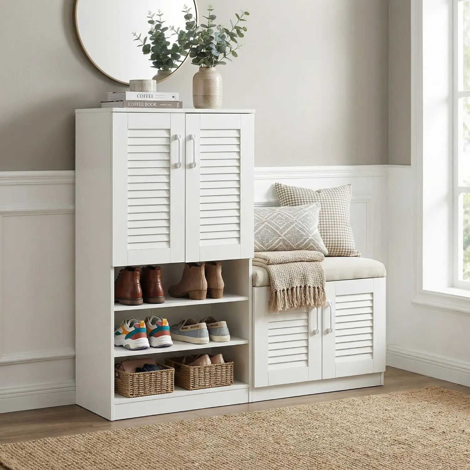 White Multifunctional Entryway Storage Cabinet with Built-in Cushion Seat - 7+3 Adjustable Organizer Set, Compartmentalized Organizers, Particle MDF Sturdy Space-Saving Wall-Mount/Shelf-Mount Free-Standing Hallway Furniture for Mudroom