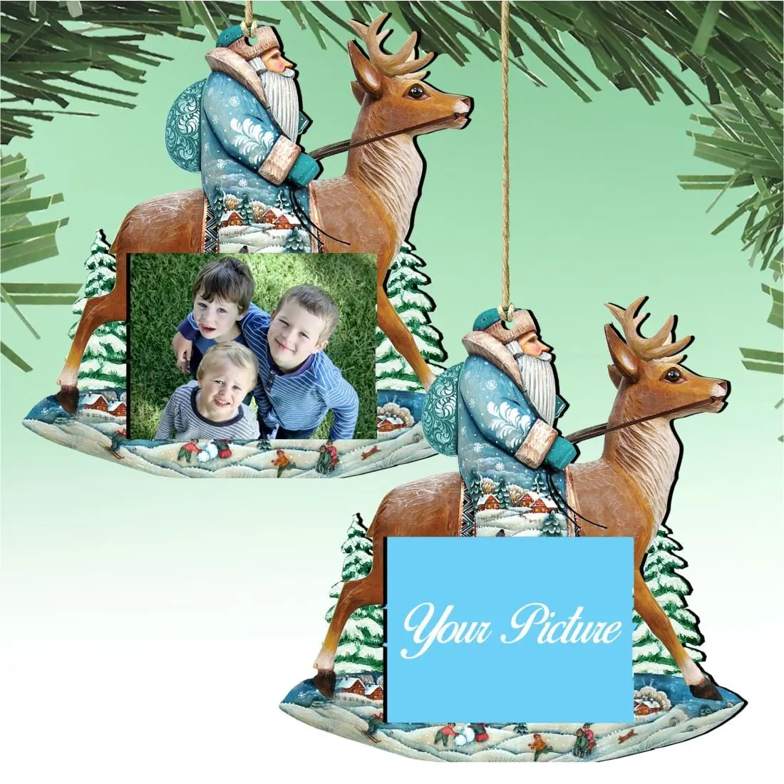 Designocracy 8151123PF-S2 Set of 2 Rectangular Wooden Snowflake Santa on Reindeer Christmas Photo Frame - Indoor Christmas Home Ornament, Photo Holder, 5.5x25 in Holiday Decor, Rectangle, Handmade