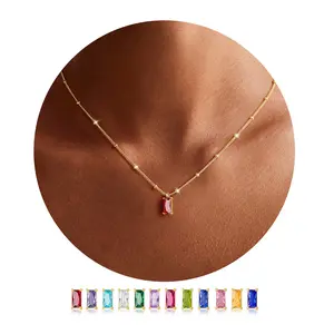 14K Gold Plated Birthstone Necklace - Dainty CZ Pendant Jewelry - Perfect Easter Basket Stuffer & Spring Gift for Women - Minimalist Personalization