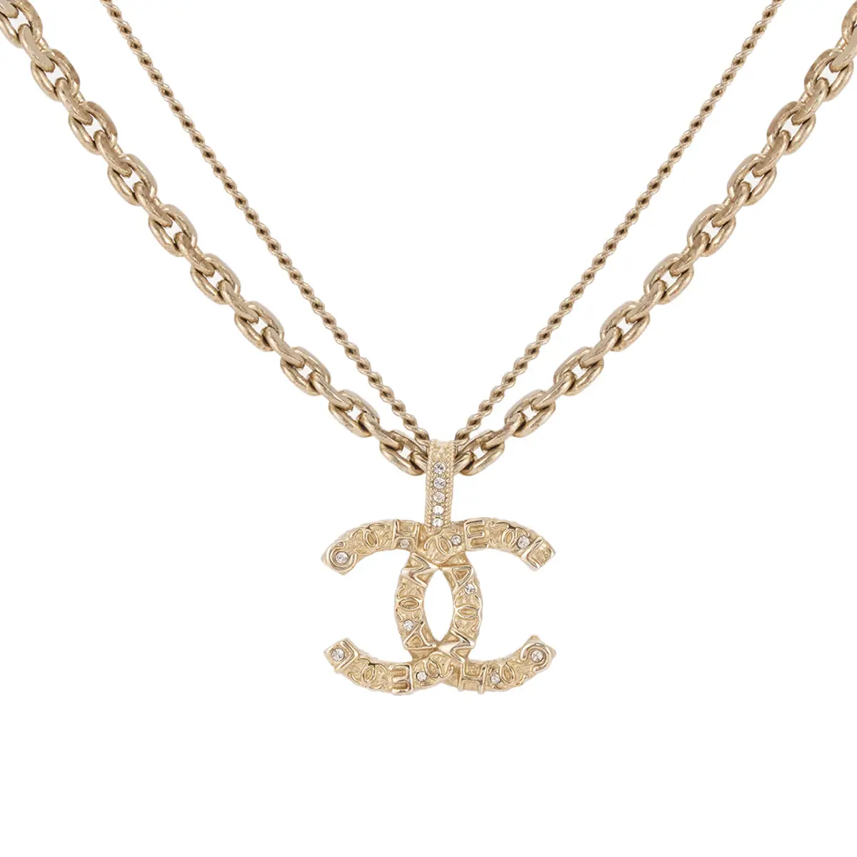 Pre-owned Chanel Gold Tone Multi Chain Embossed CC Necklace ("Jennie Style") JLP019065
