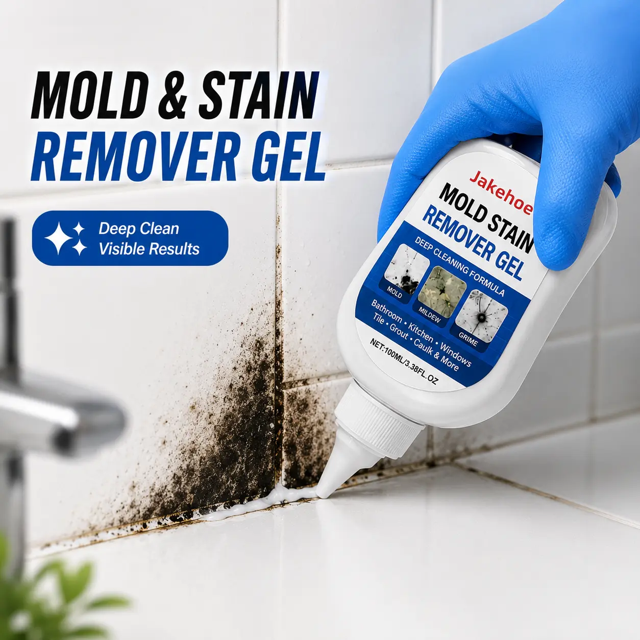 2-Piece Lemon-Scented Powerful Cleaner Set - Miracle Mold Stain Remover Gel & Mildew Eraser Scrub Brush, Bathroom Cleaner for Household Cleaning Products Reaching Tough Spots on Shower Caulk, Tile, Washer Seals