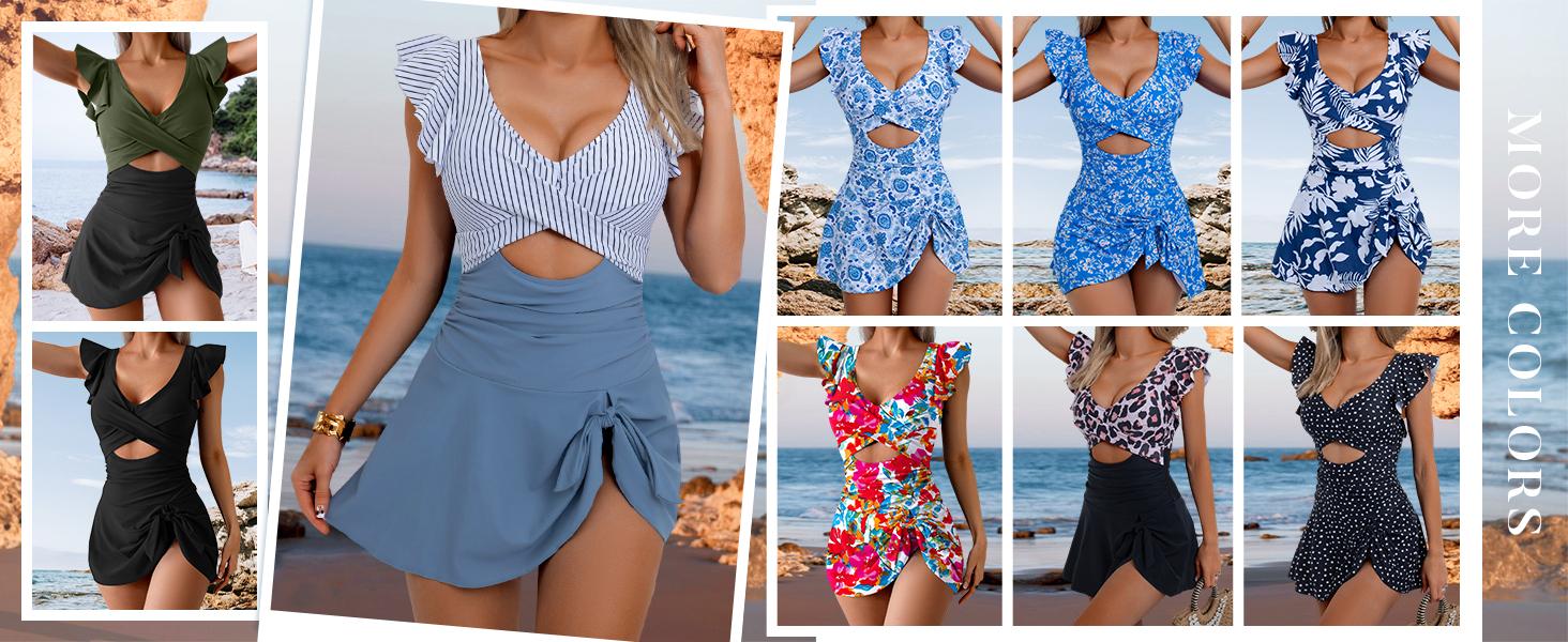 B2LOVER One Piece Swimdress Swimsuit for Women Tummy Control Ruffle Swim Dress Skirt V Neck Cutout Wrap Bathing Suit