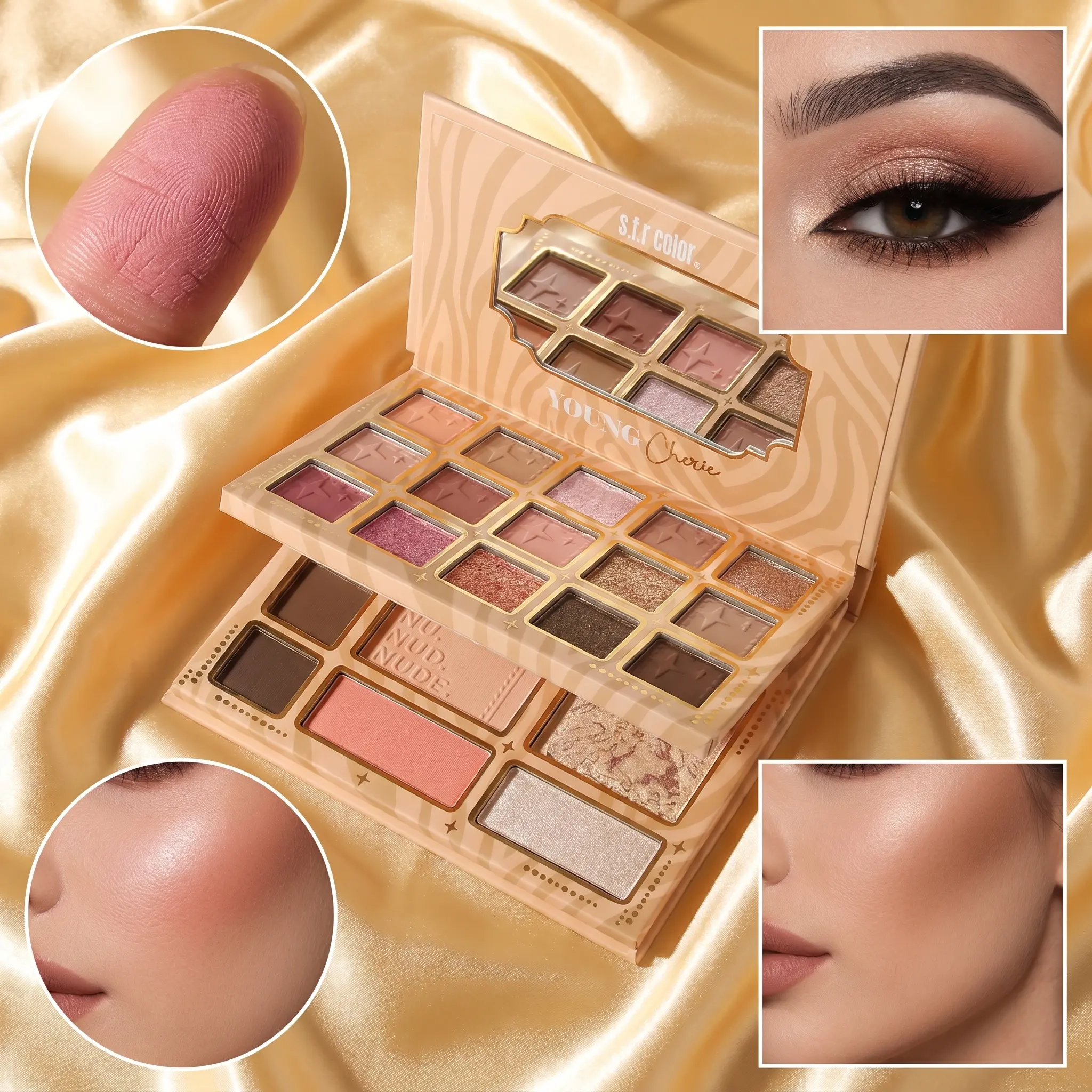 s.f.r Color All-In-1 15-Shade Nude Cosmetic Palette - Neutral Matte, Shimmer Eyeshadow, Tinted Brow Powder, Blush, Highlight, Contour Set with Stripe Design, Storage Lid - Portable Travel Multi-Use Kit for Beginners