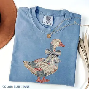 Comfort Colors Patchwork Goose T-Shirt – Floral Retro Coquette Goose Tee, Cottagecore Gingham Spring Apparel