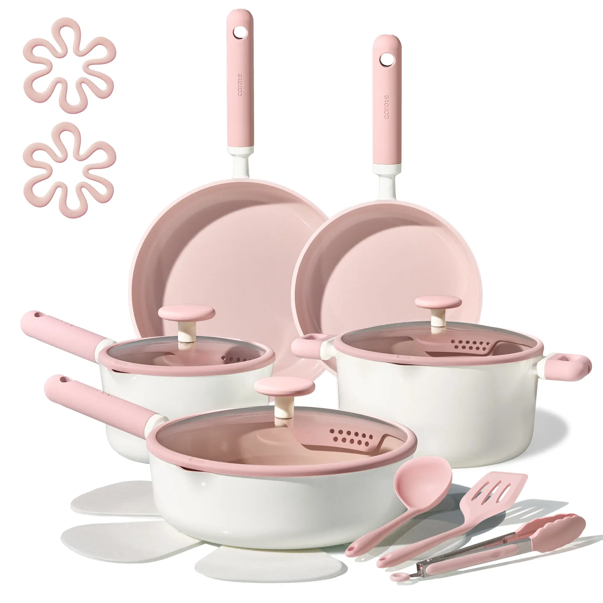[Official] CAROTE 17pcs Macaron Pink/Green/Yellow/Blue Ceramic Cookware Set, Non Toxic Pure White/Pink Pots and Pans Set Nonstick, All Stovetops Compatible